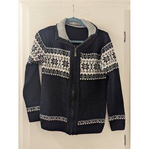Nordic-Inspired Navy Sweater With Full Zip & White Snowflake Pattern